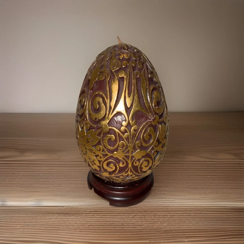 Large‎ Burgundy and Gold Easter Egg Candle with Stand Never Been Lit